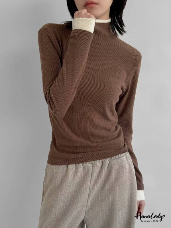 LEA72 配色立領棉絨坑條針織上衣 