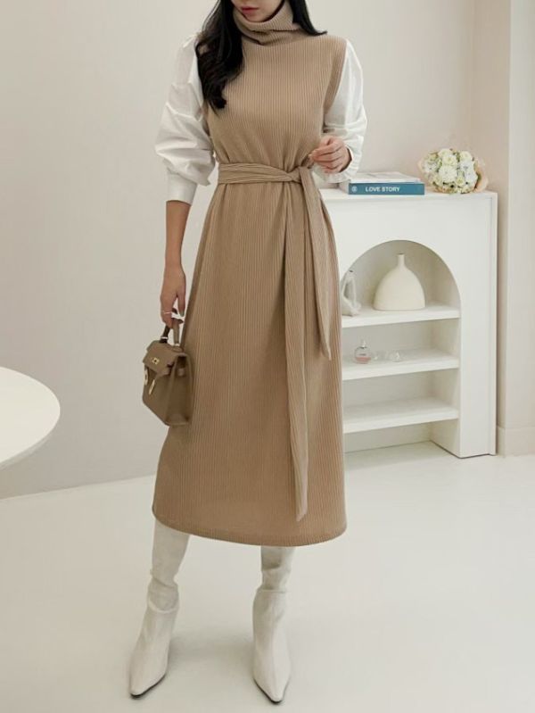 WQB11 高領針織襯衫袖連身裙 