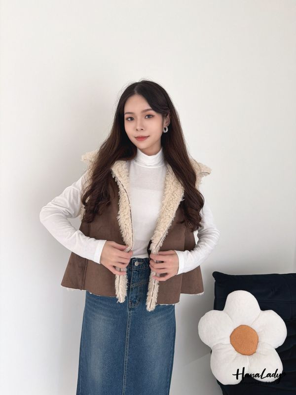 WJA74 麂皮拼毛暖暖翻領背心 