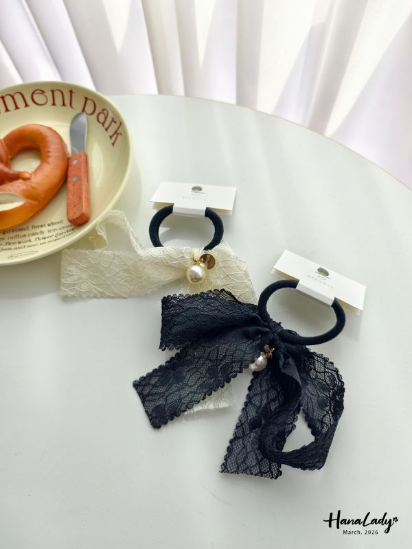 LSA74 珍珠緞帶蕾絲髮圈 