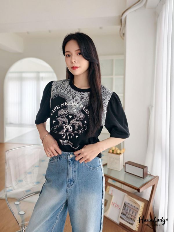 LSA12 玫瑰拼接蕾絲上衣 