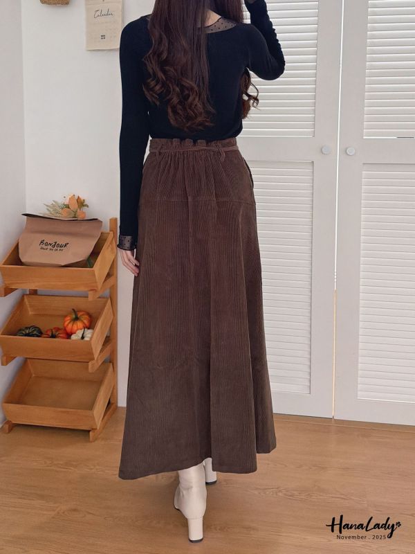 WJA90 附綁帶燈芯絨A字長裙 