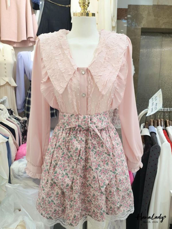 LSA20 浪漫蕾絲鑽石釦雪紡衫 