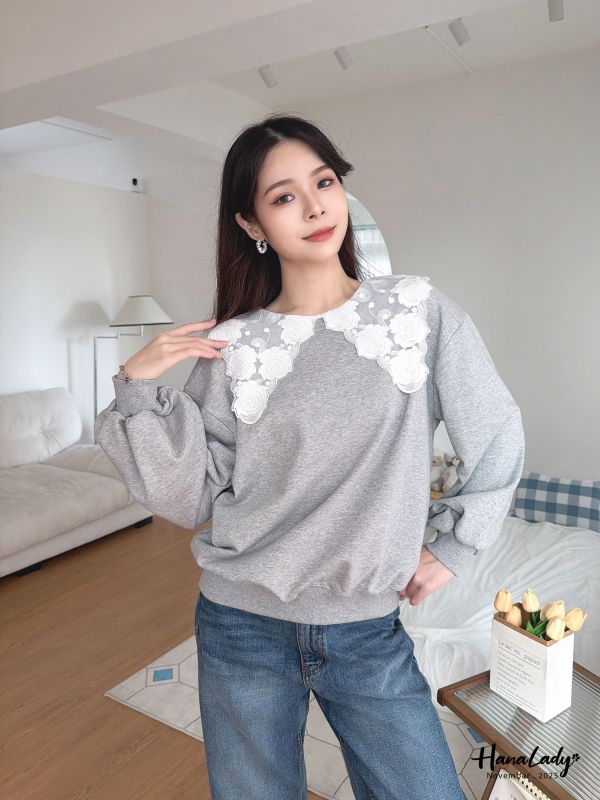 WJA29 浪漫蕾絲玫瑰刺繡領上衣 