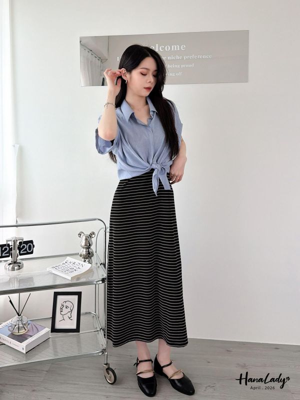 LFA84 涼感綁帶設計條紋長洋 