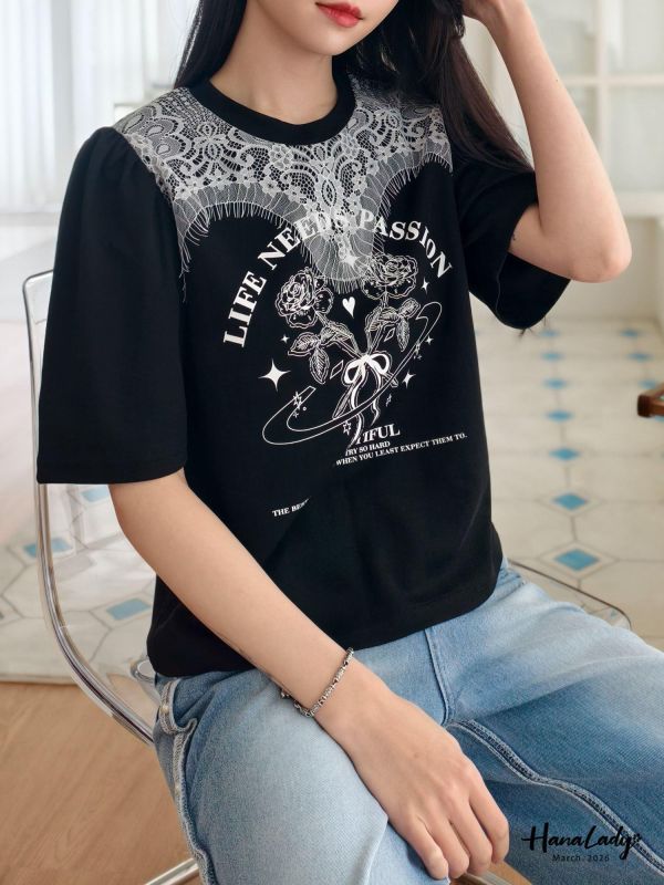 LSA12 玫瑰拼接蕾絲上衣 