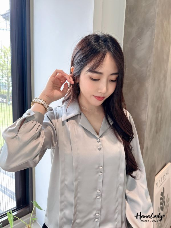 WSA71 雙釦翻領緞面雪紡衫 