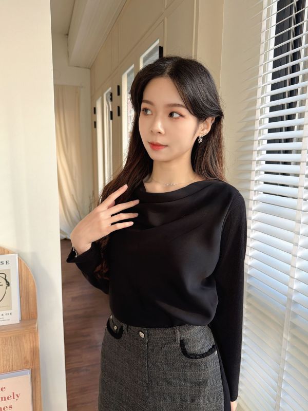 WQA98 垂領雪紡拼接針織衫 