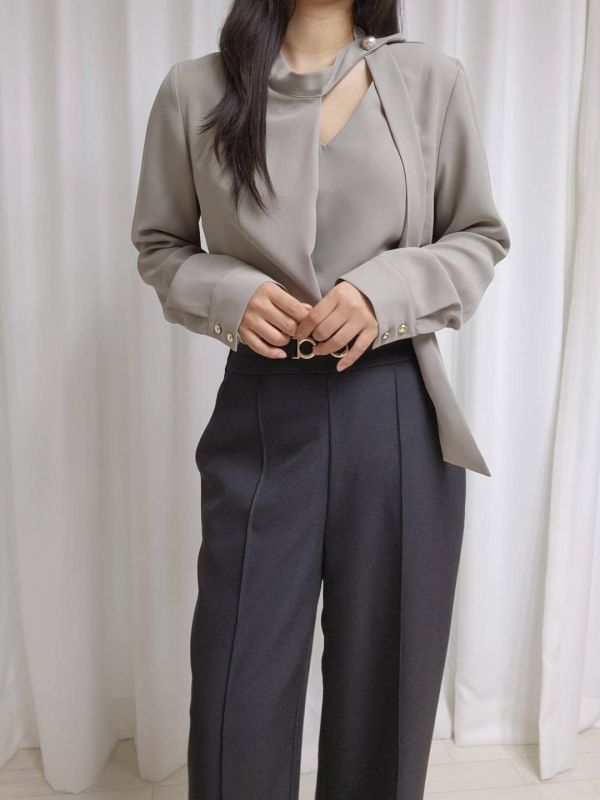 WQA48 簡約珍珠領結雪紡衫 