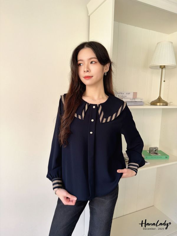 WQA47 線條層次領珍珠雪紡衫 