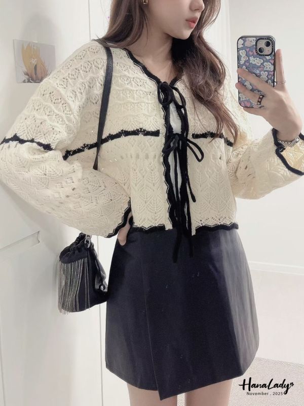 WJB11 簍空編織波浪綁結衫 