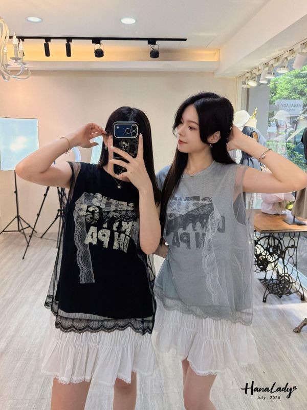 LCA32 設計款蕾絲網紗裙襬T 