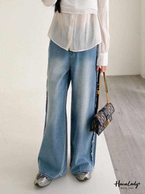 LSA52 珍珠反摺邊直筒丹寧褲 