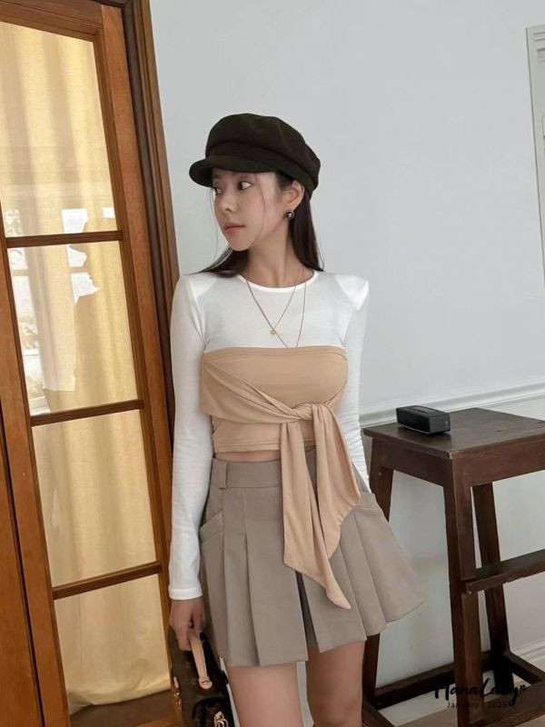 WEA81 舒服混棉綁帶假兩件上衣 