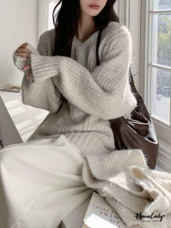 LEA32 麻花V領羊毛上衣附圍巾 
