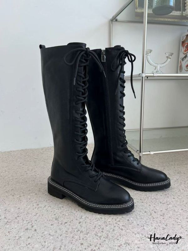 WJB46 帥氣車線綁帶牛皮長靴 