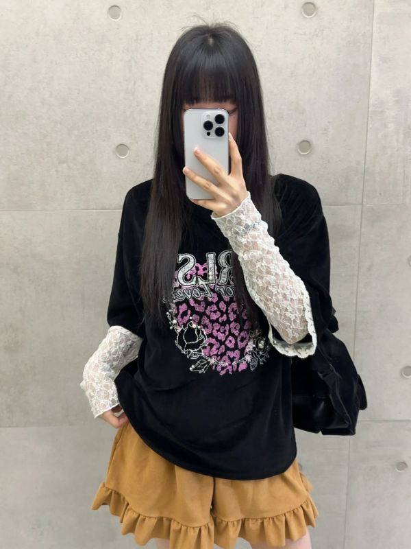 WQA31 GIRLS珍珠蕾絲豹紋絨布T 