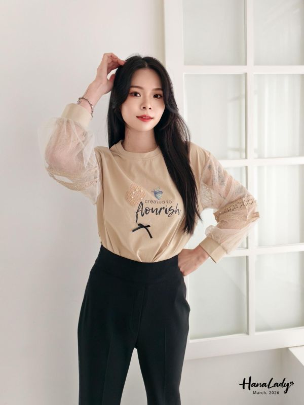 LSA08 知性小花拼接蕾絲袖上衣 