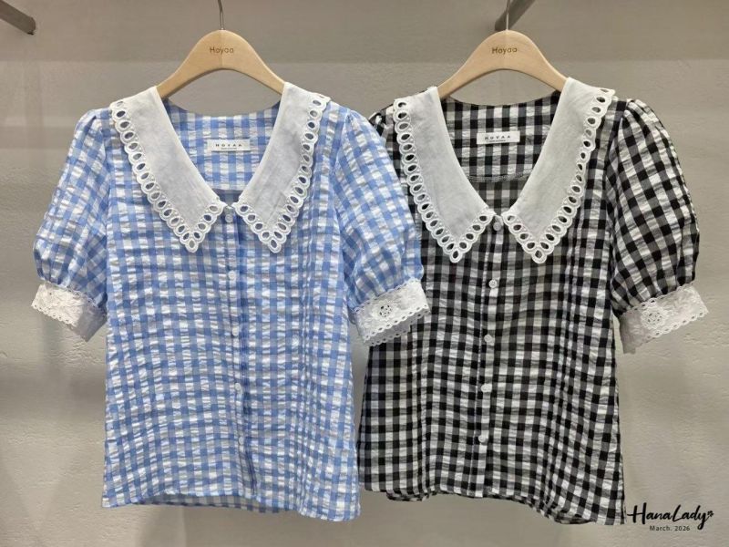 LSA23 刺繡雕花格紋上衣 