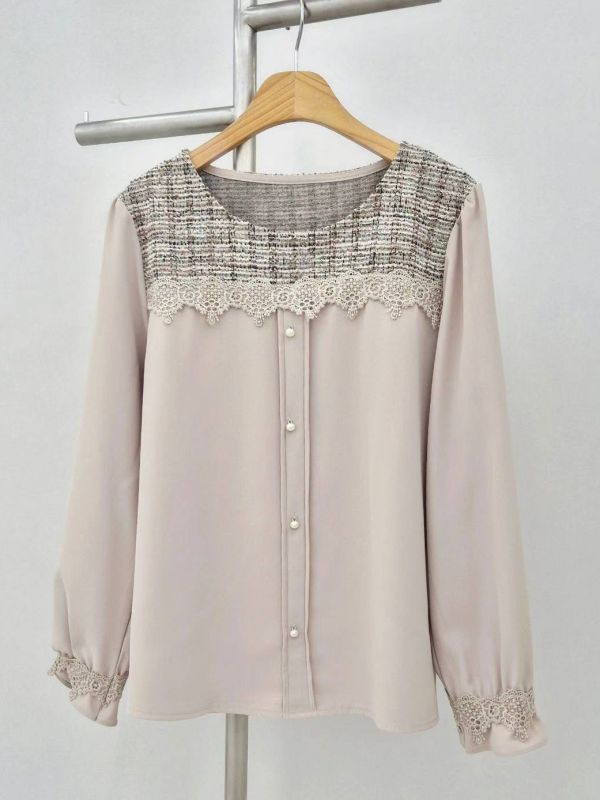 WQA08 毛呢蕾絲方領珍珠雪紡上衣 