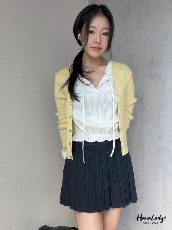 WFA78 設計感條紋後鬆緊百褶裙 正韓 韓國服飾 韓國連線