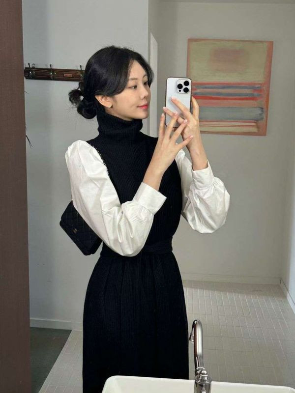 WQB11 高領針織襯衫袖連身裙 