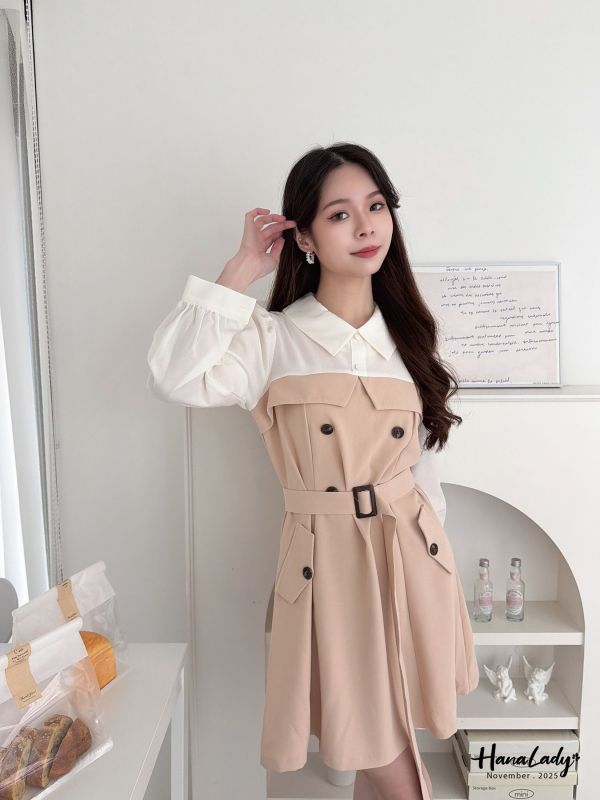 WJA46 知性拼色收腰雪紡短洋 