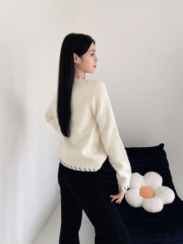 LEA20 彩色絨布釦穿繩邊針織上衣 