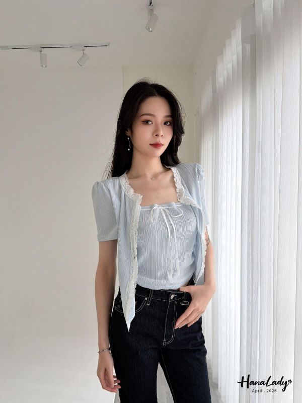 LFA39 有點美綁結翻領蕾絲上衣 