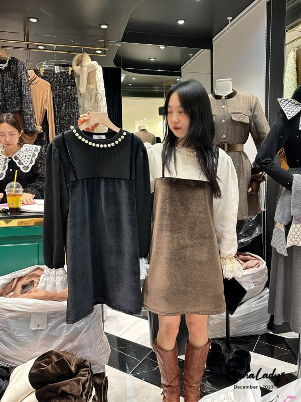 SQA88 珍珠領拼接天鵝絨短洋 