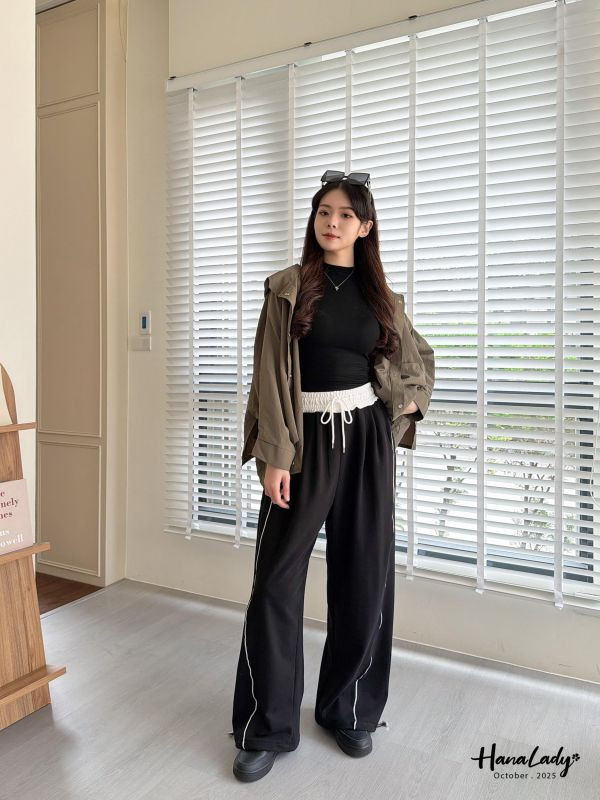 WTA74 線條拼色休閒長褲 