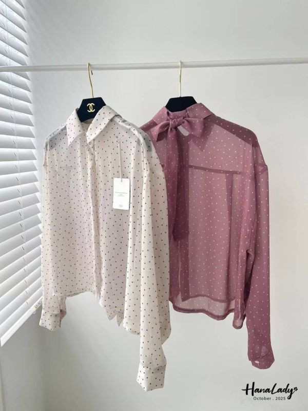 WTA75 後綁帶點點紗雪紡衫 