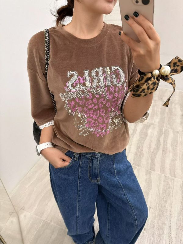 WQA31 GIRLS珍珠蕾絲豹紋絨布T 