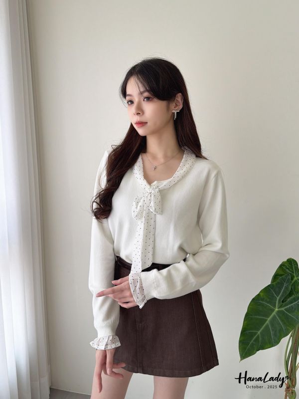 WTA53 必買點點緞帶領針織上衣 