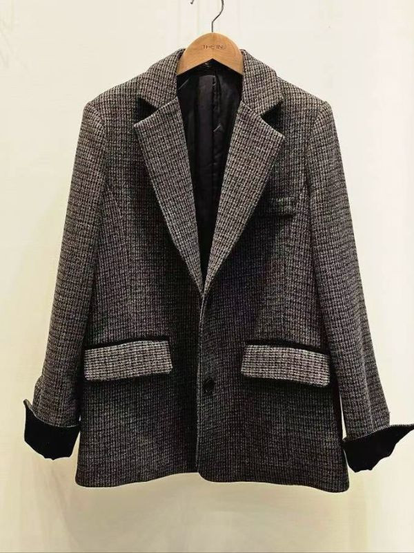 WQA79 燈心絨反摺袖格紋羊毛西外 