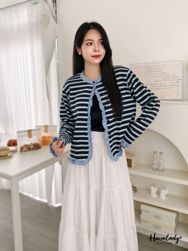 LSA09 質感花瓣邊條紋排釦上衣 