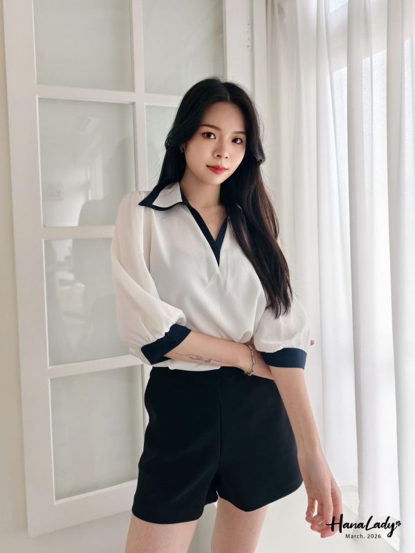 LSA22 層次V領配色雪紡衫 