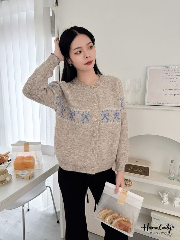 LEA07 象牙釦蝴蝶結針織外 