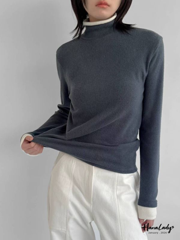 LEA72 配色立領棉絨坑條針織上衣 