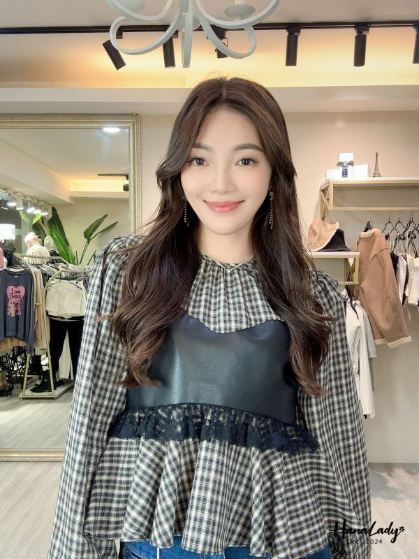 FQA75 冬日格紋皮革拼接蕾絲上衣 