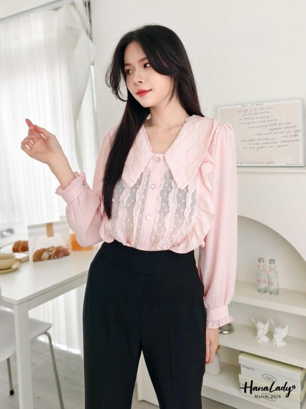 LSA20 浪漫蕾絲鑽石釦雪紡衫 