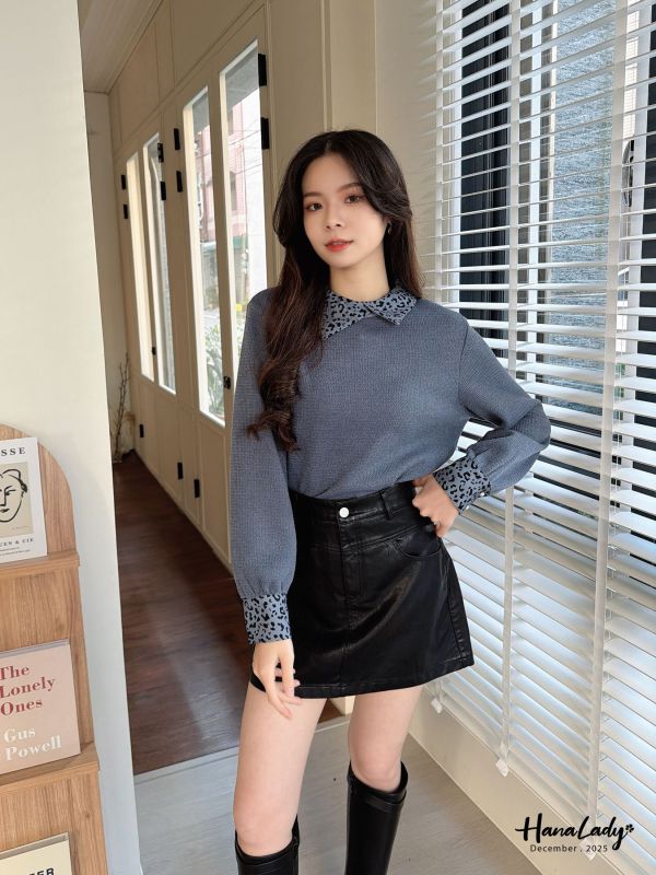 WQA54 豹紋雪紡拼接針織上衣 