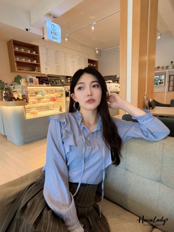 WTB37 波浪荷葉領綁結上衣 