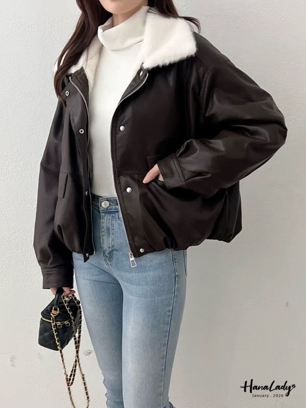 LEA65 率性毛毛領柔軟皮革外 