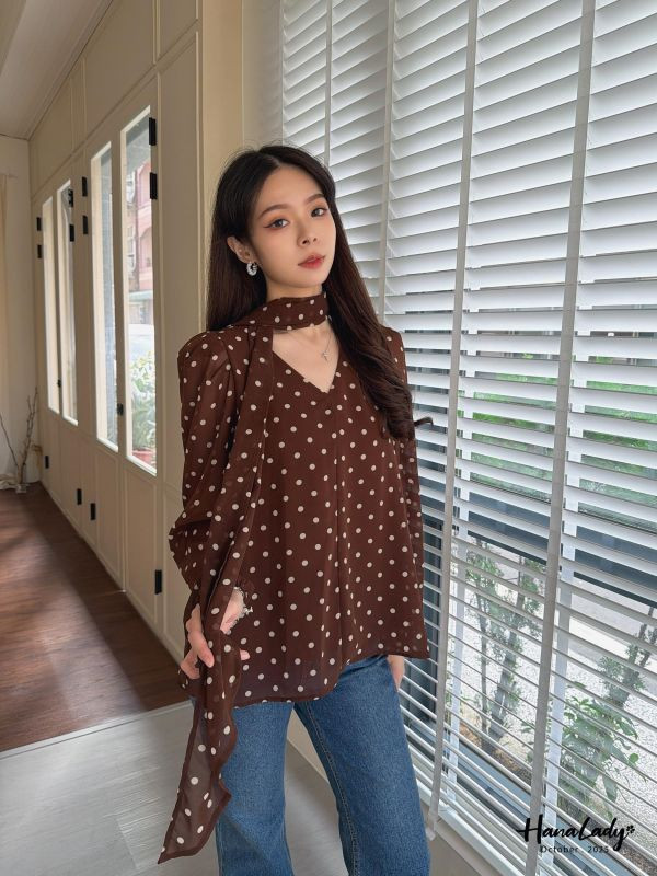 WTA03 復古波點緞帶雪紡衫 