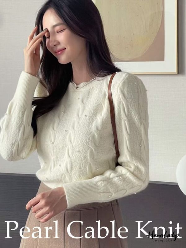 LEA01 釘珠坑條麻花針織上衣 