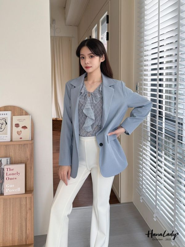 WTA73 格紋波浪V領綁帶雪紡衫 