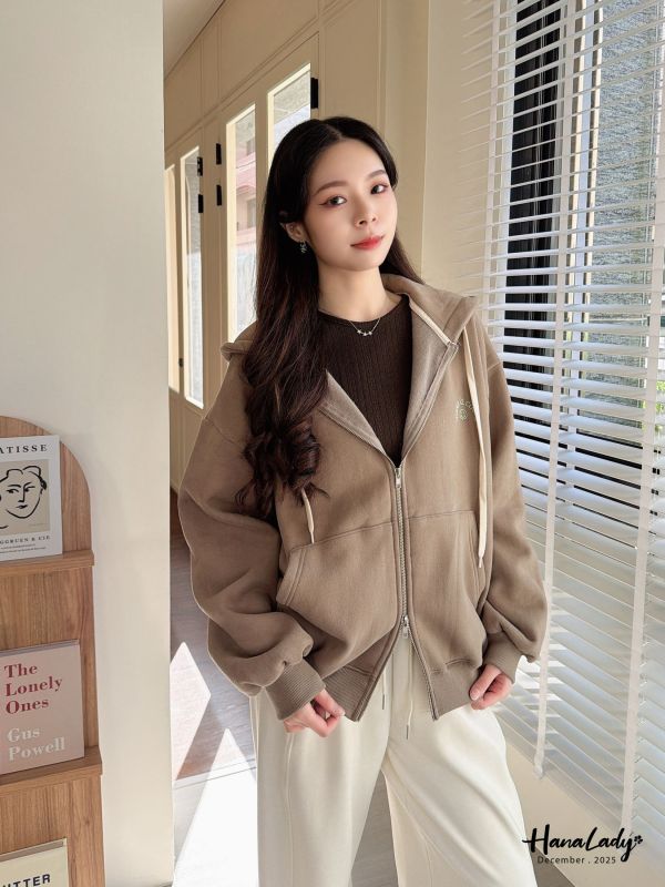 WQA03 微笑刺繡內刷毛連帽拉鍊外 