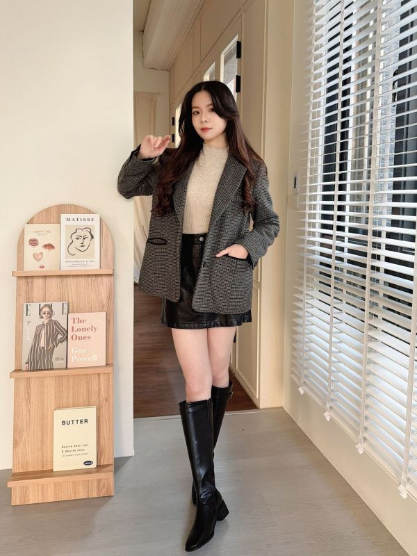 WQA79 燈心絨反摺袖格紋羊毛西外 