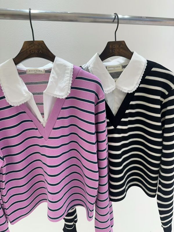 WQA32 假兩件條紋襯衫領上衣 